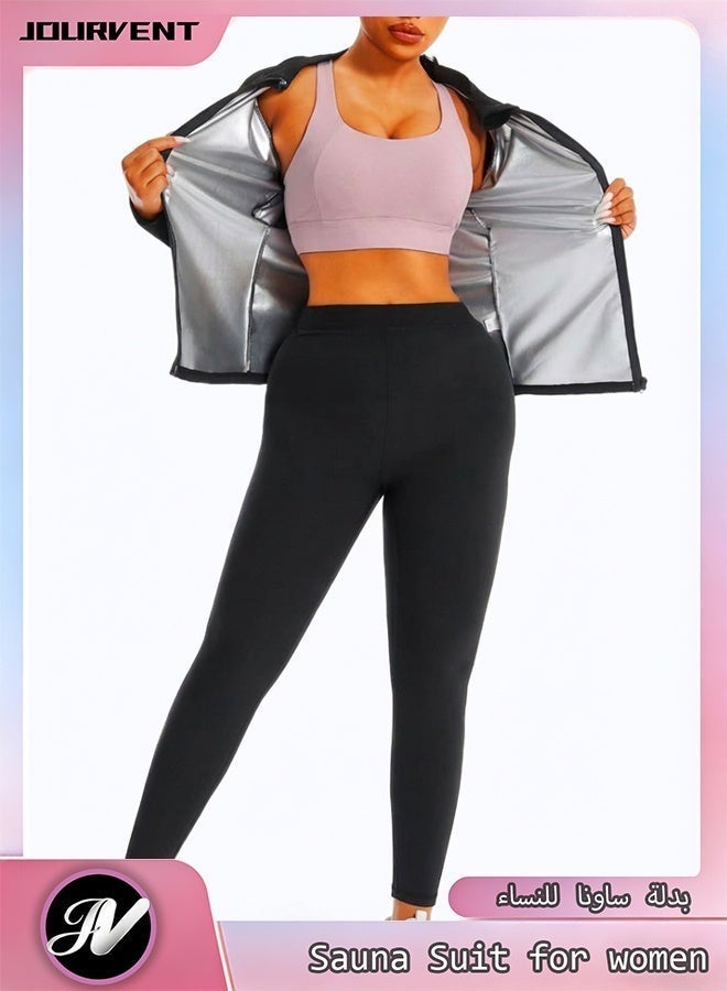 Jourvent Women's Sauna Suit Sweat Set for Weight Loss, Zipper Long Sleeve Top & High-Waist Shaping Pants with Gloves ,Socks & Hat - Image 3